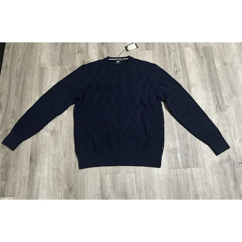BOSS Hugo Boss Men’s 100% Virgin Wool Textured Crew Neck Sweater Navy L NWT